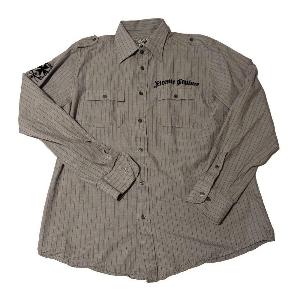 Xtreme Couture Gray Pin Striped Military Live Black Felt Wings Lg Dress Shirt